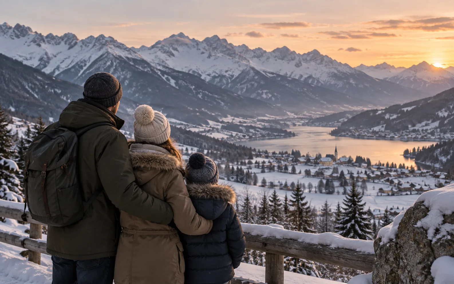 Family walking through a snowy Alpine landscape